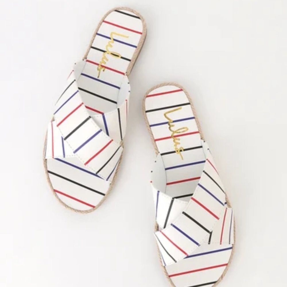 Lulus White Multi Striped Espadrille Slide Sandals Sz 5.5